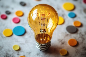 Poster - A festive scene with confetti covering a table and a light bulb sitting on top, perfect for celebrations or party decorations