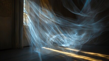 Poster - Soft light streaks illuminating a dim room art installation contemporary space artistic vision aesthetic experience