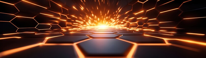 Poster - Futuristic digital hexagonal tunnel with glowing orange light and dark patterns.