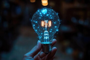 Aufkleber - A person holds a lit light bulb in a dimly lit environment, providing a beacon of light