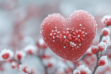 Poster - A red heart-shaped decoration hangs from a tree branch, perfect for Valentine's Day or romantic gestures