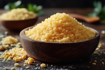 Poster - A wooden bowl filled with yellow rice next to a wooden spoon, perfect for a rustic or vintage-themed setting