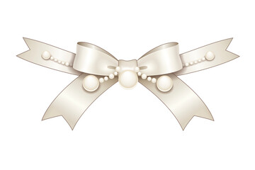 Poster - Elegant cream ribbon with pearl embedded bow, isolated on white background, showcasing luxurious and decorative design. Perfect for gift wrapping or festive occasions. PNG transparent