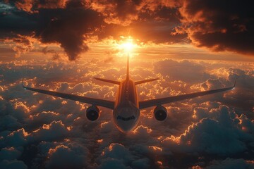 Poster - An airplane flies through a cloudy sky as the sun sets in the background