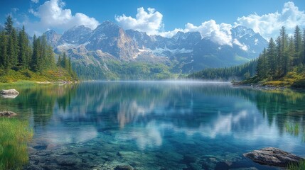Aufkleber - Serene mountain landscape with a reflective lake and lush greenery.