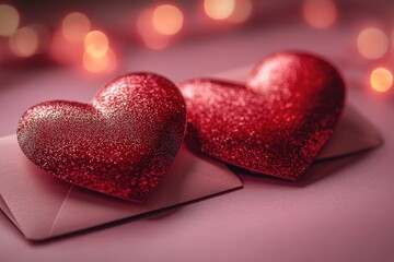 Poster - Two red glittered hearts on a pink background, ideal for romantic or celebratory occasions