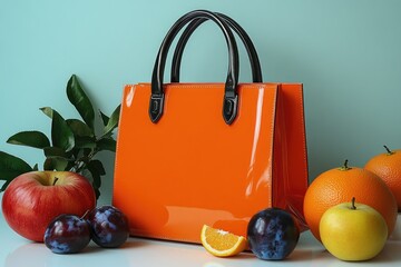 Poster - A bright orange handbag sits next to a colorful array of fresh fruit, great for lifestyle and still life photography