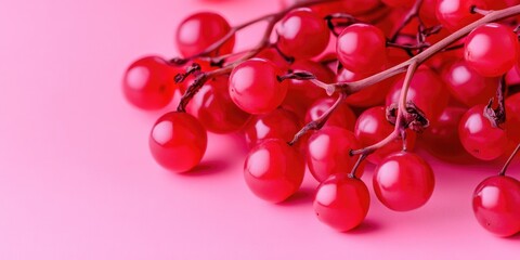 Poster - A cluster of bright red berries sits on a soft pink surface