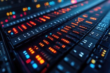 Poster - close-up of a keyboard lit by many colorful lights