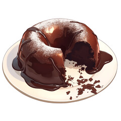 Aufkleber - Rich and indulgent chocolate lava cake with molten center, dusted with powdered sugar, served on white plate. cake is surrounded by chocolate shavings, creating tempting dessert