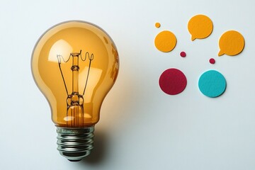 Poster - A light bulb sits next to a group of speech bubbles, perfect for representing ideas or creativity