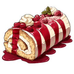 Leinwandbilder - Jam roly poly with cream and berries on white background, showcasing delicious dessert with vibrant red jam and fresh garnishes. Perfect for sweet treat lovers