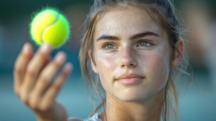 Wall Mural - A woman holds a tennis ball in her hand