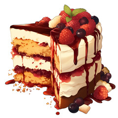 Aufkleber - delicious slice of fruit cake topped with fresh berries and cream, isolated on white background, showcasing its rich layers and vibrant colors