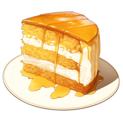 Aufkleber - slice of honey cake with creamy layers and golden syrup drizzled on top, placed on white plate. cake looks moist and delicious, perfect for sweet treat