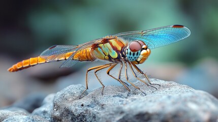 Poster - A detailed view of a dragonfly perched on a rocky surface