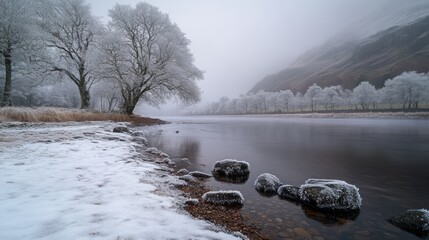 Poster - Serene winter landscape with frosted trees and a calm river under misty conditions.