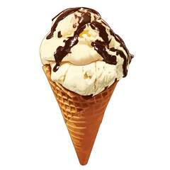 Poster - Vanilla ice cream cone with chocolate syrup on waffle cone, isolated on white background, looks delicious and tempting