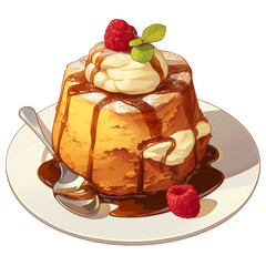 Aufkleber - delicious bread pudding topped with whipped cream, caramel sauce, and fresh raspberries on white plate, creating mouthwatering dessert presentation