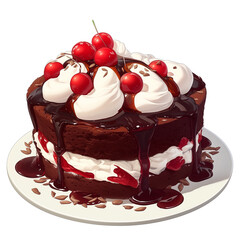 Aufkleber - delicious Black Forest cake topped with whipped cream, cherries, and chocolate shavings, isolated on white background, showcasing its rich layers and decadent appearance