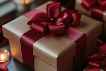 Sticker - A close-up view of a gift box adorned with a bright red bow, perfect for wrapping presents or adding a pop of color to any occasion