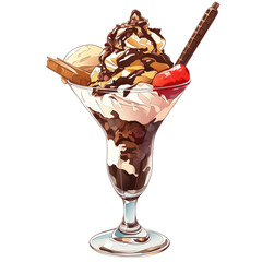 Aufkleber - delicious ice cream sundae in glass with chocolate syrup, whipped cream, and cherry on top, creating delightful treat