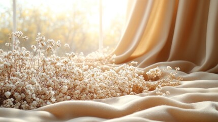 Poster - Soft fabric draped with dried flowers, illuminated by warm sunlight.