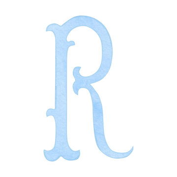 Watercolor vintage blue letter R, alphabet for crest design, initials
