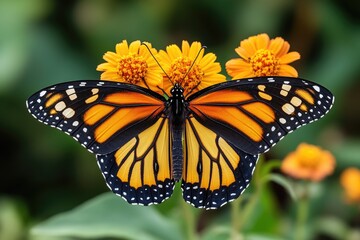 Poster - A monarch butterfly perched on a bright yellow flower, perfect for nature and wildlife themed designs