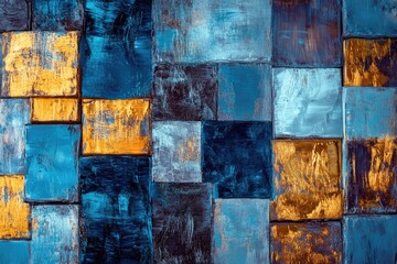 Poster - A close-up view of a painting featuring blue and yellow squares