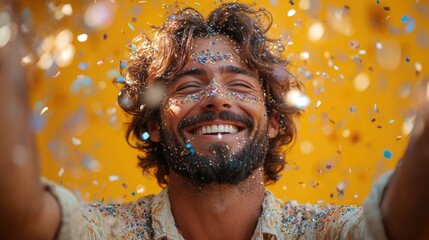 Poster - A happy man celebrating with colorful confetti, perfect for party or special occasion