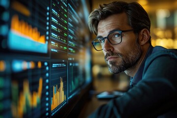 Poster - A person wearing glasses sitting in front of a computer screen, focused on their work