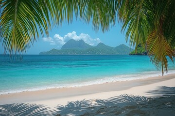 Poster - Beach scene with a mountain visible in the background, great for travel or vacation photos