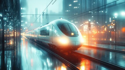 Wall Mural - A high-speed train cutting through a foggy cityscape, with the soft reflection of its lights shimmering on the wet streets below