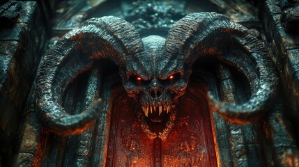 Poster - A demonic being with red eyes stands in front of a mysterious door