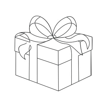 Elegant Christmas Gift Box with Bow  Vector Design in Line Art 