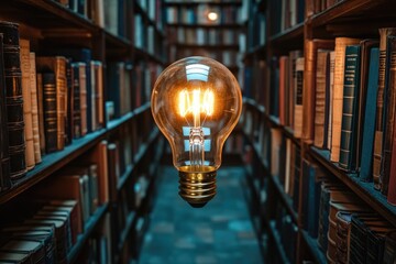 Poster - A light bulb hangs from a bookshelf in a quiet library setting, perfect for use as a study or research aid image