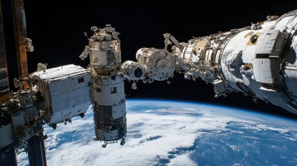 Aufkleber - Space station modules connected above Earth, showcasing human innovation in orbit.