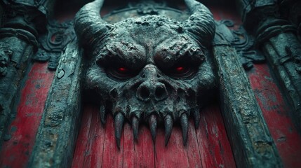 Poster - A demonic face appears on a door in this dark and eerie image