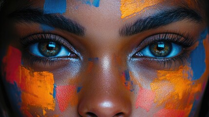 Poster - Close-up shot of a person's face with vibrant paint designs, perfect for artistic or creative concept illustrations