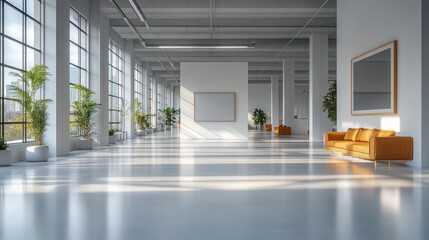 Poster - Spacious modern interior with large windows, plants, and a cozy seating area.