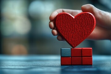 Poster - A person holding a red heart made out of blocks, often used for Valentine's Day or friendship celebrations