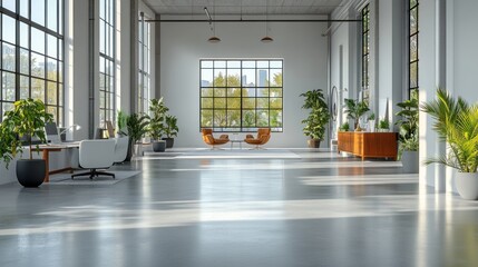 Aufkleber - Spacious, modern office interior with plants and natural light.