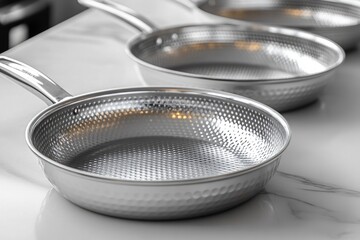 Poster - Three pans sitting on top of a kitchen counter, stainless steel and ceramic options