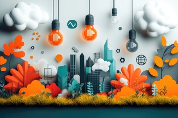 Aufkleber - A cityscape with a collection of light bulbs suspended from the ceiling, ideal for use in urban-themed designs or promotional materials