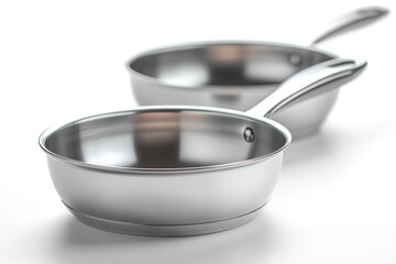 Poster - Pair of stainless steel pans on a clean white surface, great for cooking or kitchen decoration