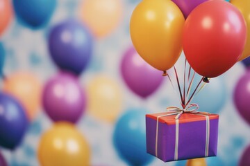 Poster - A colorful bunch of balloons surrounding a gift, perfect for parties and celebrations