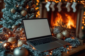 Aufkleber - A laptop computer sits on top of a wooden table