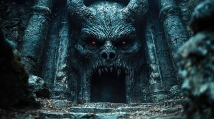 Poster - A frightening scene of a creature with red eyes lurking in a dark cave