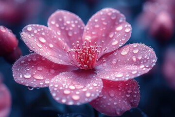 Poster - A close-up of a pink flower with water droplets glistening on its petals